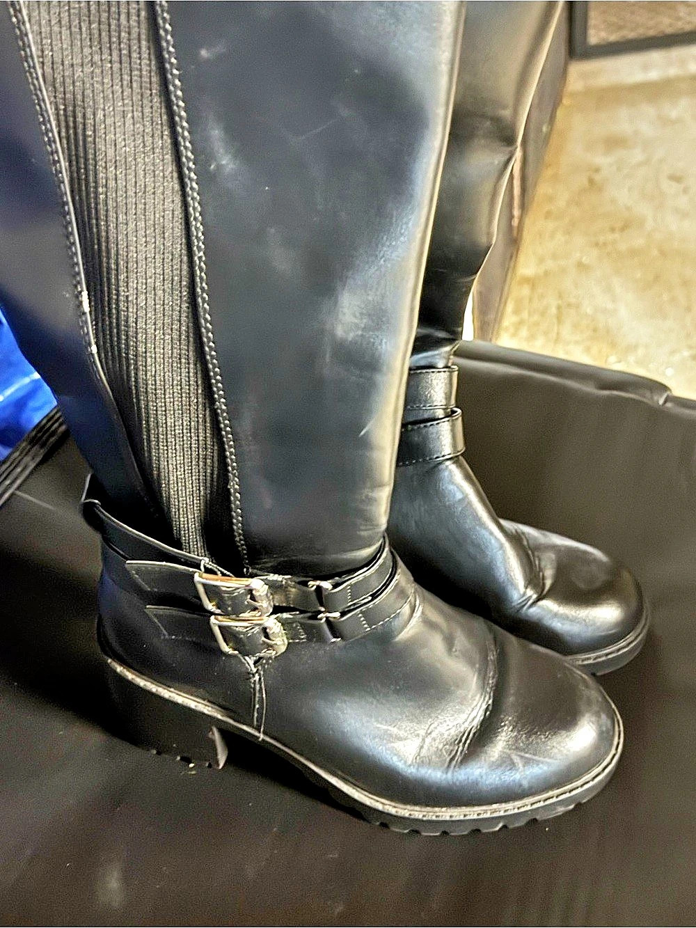 Black Knee-High Riding Boots Double Buckle Chunky Heel Sz 7.5